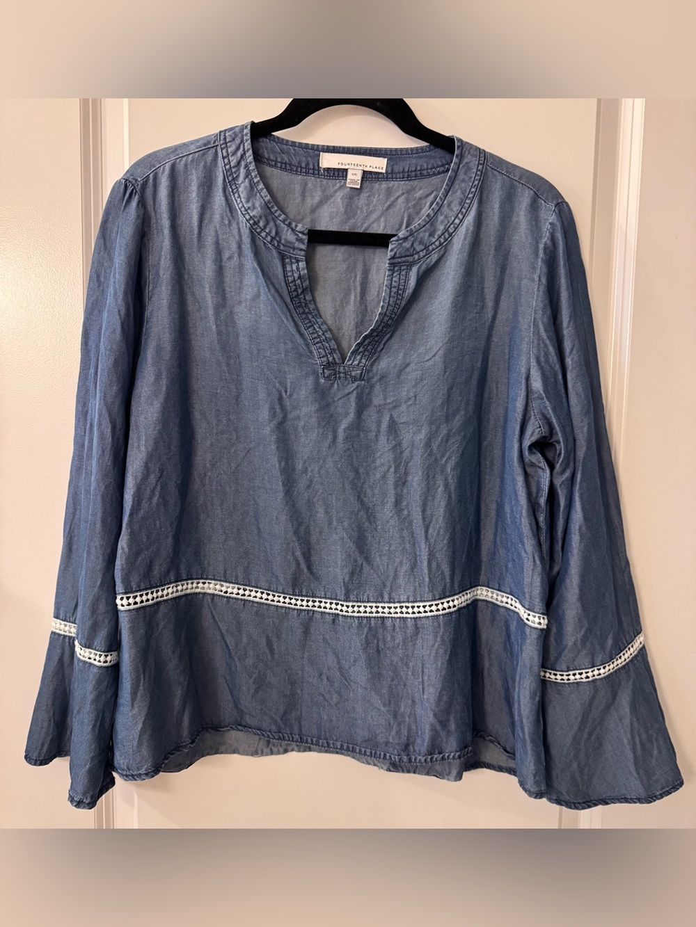 #x598 - Fourteenth Place V-Neck Long Flounced Sleeve Embroidered Blue Chambray